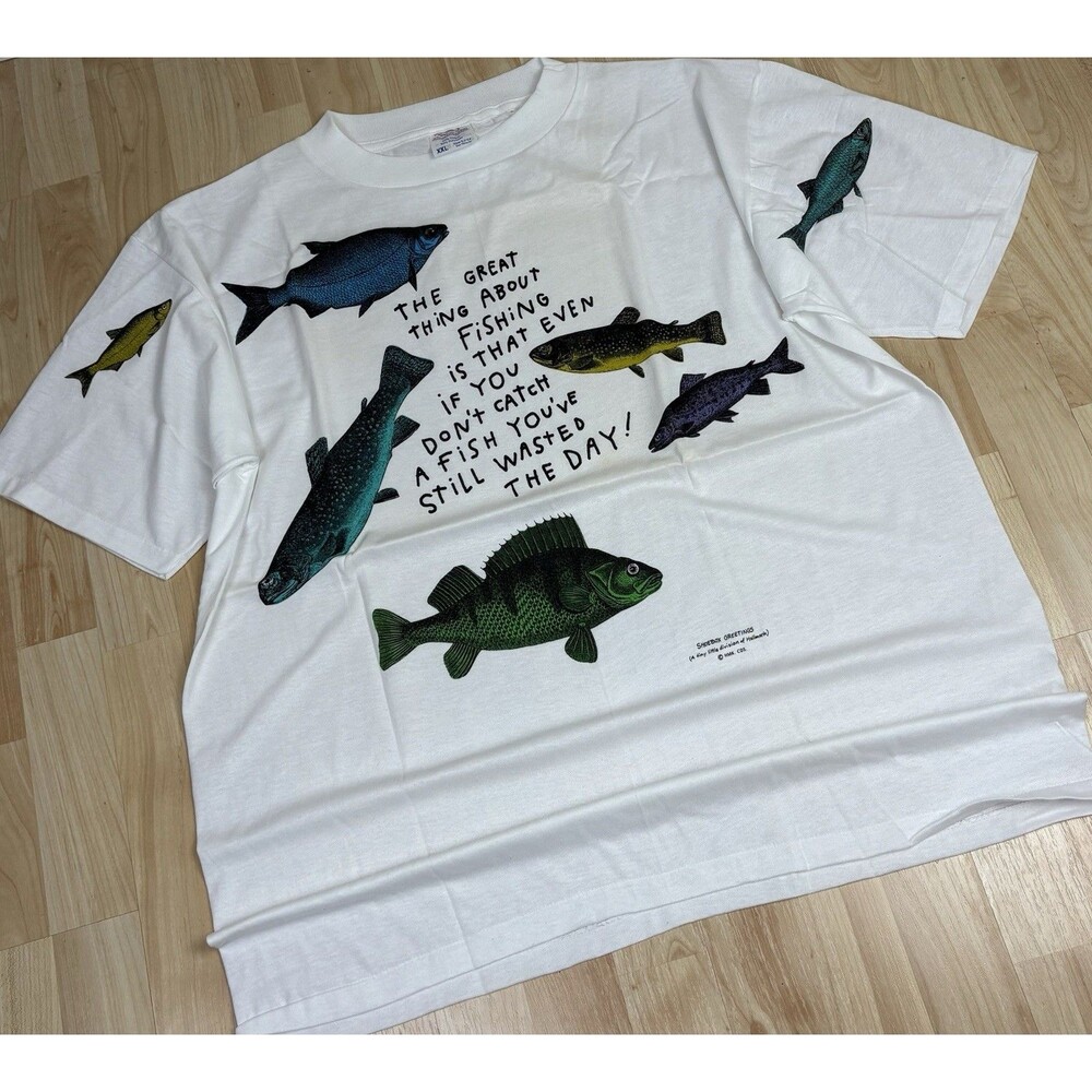 Vintage 90s Single Stitch Fishing Big Graphic T-Shirt / White / Size XXL